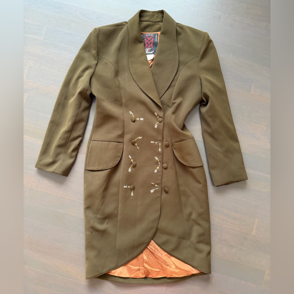Faust Paris brown / olive green time clock pea coat tuxedo jacket